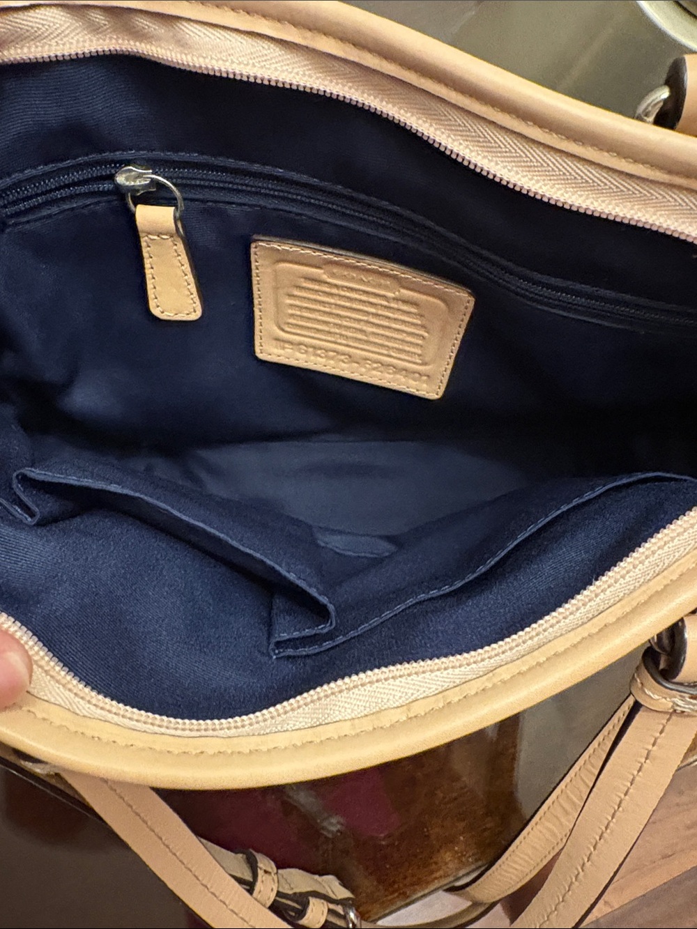 Coach Navy and Black Signature Small Tote with Tan Leather Trim - Picture 5 of 16